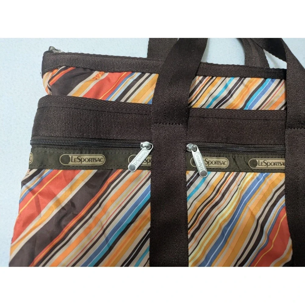Retro LeSportsac Stripe Everyday Tote Handbag Purse + Make-up Bag‎  Brown Orange